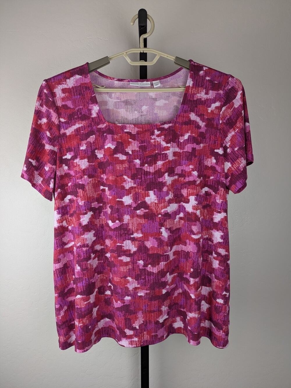 Susan Graver Liquid Knit Square Neck Short Sleeve Top Abstract Pink
